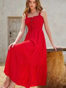 Aveloria Rosie Elegante abito lungo a-line da donna in stile francese, con scollo a bretelle, vita arricciata e balza con volant