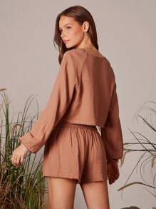WESTFADE Two Pieces Set 100% Cotton Bow Tie Front Loose Fit Long Sleeve Crop Top & Mid Rise Smocked Waist A Line Short,Dusty Rose,Autumn,Boho,Vacation,Holiday - Brown - View 5