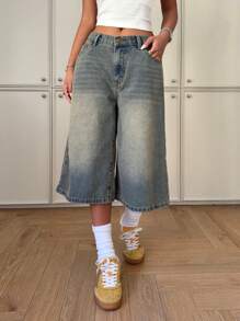 SHEIN Vaqueros anchos rasgados de ajuste holgado con bolsillos para adolescentes y niñas, ideales para primavera y verano, con un estilo retro y casual versátil. Pantalones cortos boho de playa y vacaciones de verano, conjuntos para brunch de verano, graduación y ropa de streetwear para conciertos y festivales de verano.