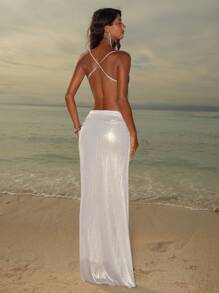 Opulessa Summer Beach Vacation Sexy Elegant Ocean 2pcs/Set Women Solid Color Draped Neck Top & Low Waist Skirt Set