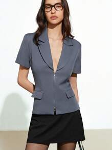 Aveloria GENKIRA Blazer à manches courtes pour femme, coupe slim, style européen et américain, cool, sexy et minimaliste, à double fermeture éclair - Gris - Voir 4
