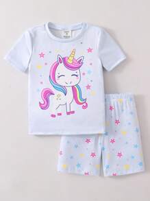 SHEIN 2 件套少女可爱独角兽印花海军蓝睡衣套装，短袖上衣和短裤 - 淺藍色 - 查看 3