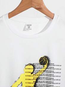 Conjunto de 2 piezas de camiseta de manga corta con cuello redondo y estampado de letras, y pantalones cortos informales y deportivos, adecuado para viajes, escuela, uso diario y actividades deportivas, para niño pre-adolescente, primavera/verano