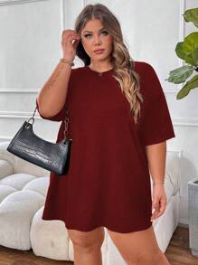 SHEIN CURVE+ Plus Size Casual Solid Color Crew Neck Short Sleeve T-Shirt, Summer - Burgundy - View 3
