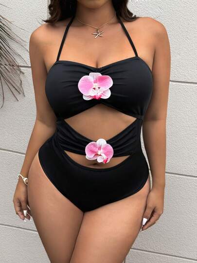 Flirla Bộ đồ liền thân hở lưng họa tiết hoa bãi biển cỡ lớn