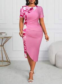 Fleurora Plus Size Purple Printed Contrast Color Stitching Ruched Asymmetrical Hem Round Neck Short Sleeve Slim Fit Bodycon Dress Four Seasons