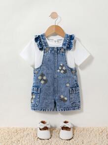 Shorts de peto con volantes de mezclilla para niña bebé con bordado de margaritas, versátil para exterior - Lavado ligero - Ver 7