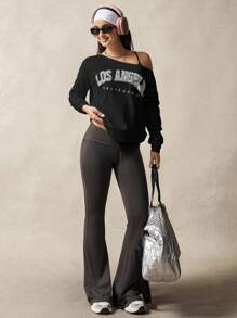 VARSITIE Top de antrenament cu mânecă lungă, lejer, cu guler înclinat, tricou imprimat cu mânecă lungă