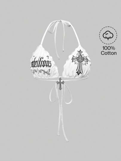 ROMWE Spring/Summer Vacation Baech White Y2K Gothic Cross Print Rhinestone Decor Halter Neck Cami Tank Top