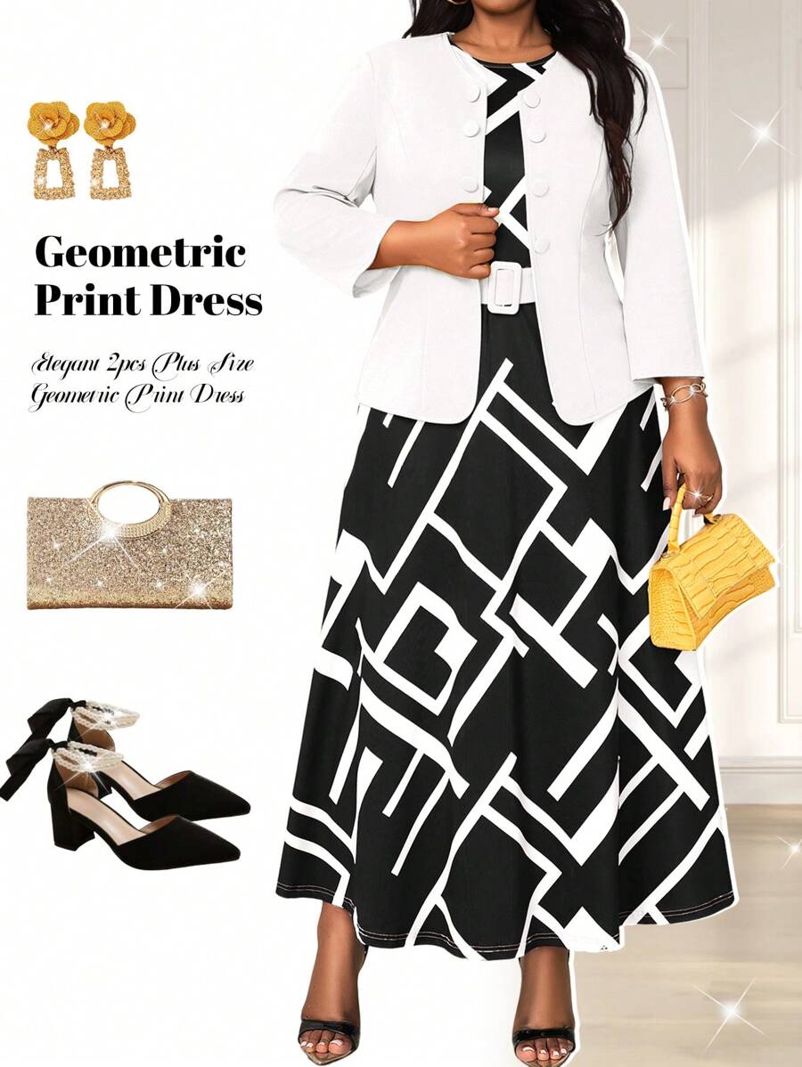 Fleurora 大码拼色几何印花连衣裙，教师制服两件套，女士秋季 - 白色 - 查看 1