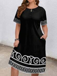 EMERY ROSE Plus Size Women's Elegant Black And White Geometric Print Dress,Summer Smart Casual Round Neck Short Sleeve Pocket Dress For Vacation,Spring Outfits - Multicolor - View 5