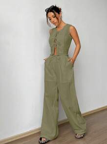 SHEIN EZwear 女式夏季梭织浅军绿色前系带上衣和裤子套装 - 軍綠色 - 查看 5