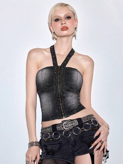 J-Fashion Vintage American Style Denim Halter Top