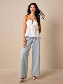 Poéselle Women's Casual Solid Color Hollow Out Embroidered Halter Top,Country Concert, Summer