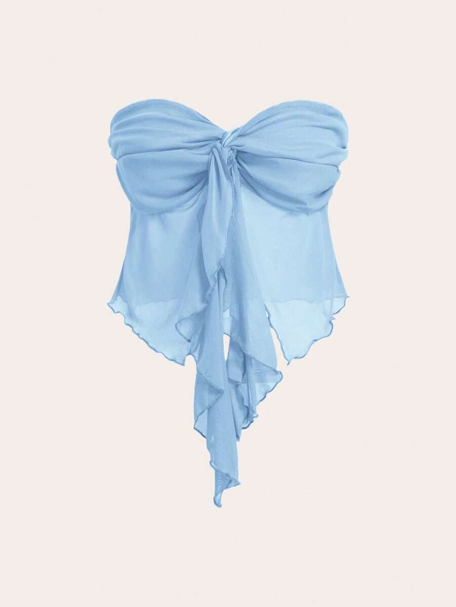 SHEIN EZwear 女士新款扭结网眼抹胸上衣,夏季 - 藍色 - 查看 1