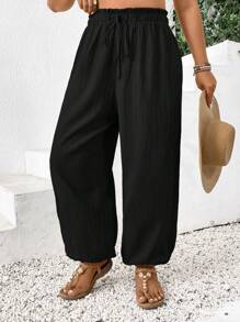SHEIN Frenchy Plus Size Solid Color Paper Bag Waist Tied Casual Wide Leg Pants