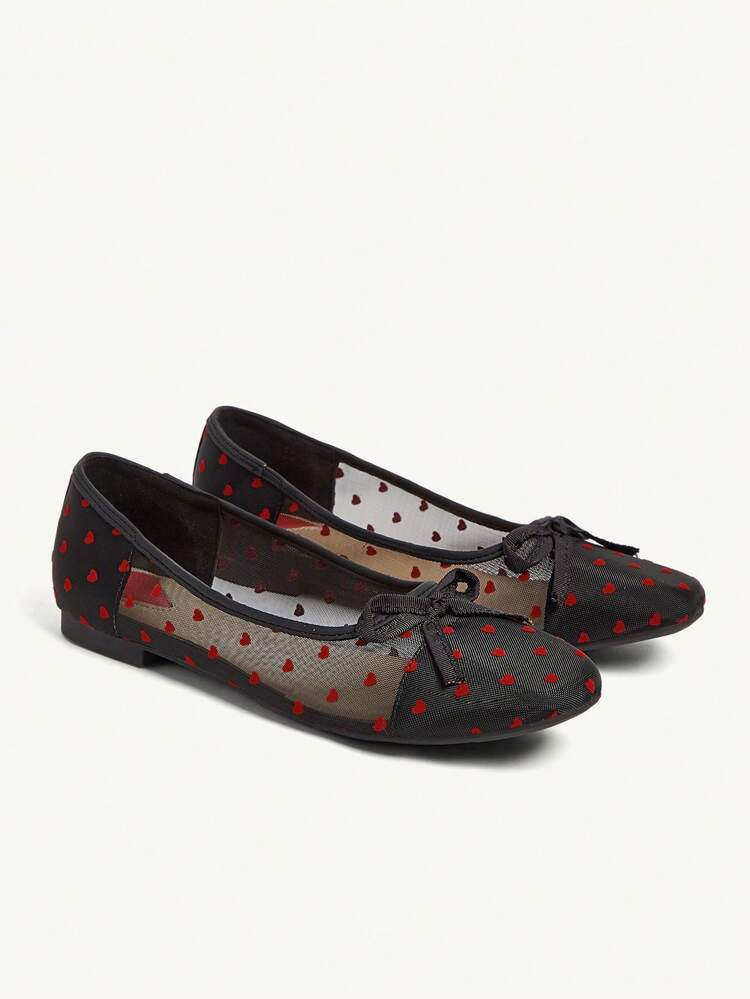 CUCCOO CHICEST Black Heart Polka Dot Mesh Fairy Shoes, Versatile Square Toe Flat Bow Decor Breathable Comfortable Women Flat Shoes