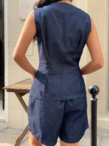 K-Vae Conjunto de mujer de denim, chaleco y pantalones cortos de ajuste ceñido, azul, conjunto casual de abrigo y jeans holgados de denim para mujer, chaleco de denim de mujer de una hilera y pantalones cortos, conjunto de 2 piezas de blusa de denim sin espalda y pantalones cortos para festivales/Nashville/Ibiza, elegante, ropa de mujer bohemia/boho, vaquera, atuendo para brunch, regalo del Día de la Madre - Azul - Ver 2