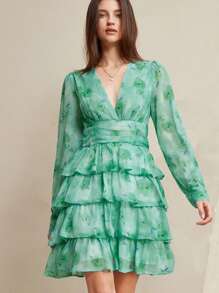Revavyn Women's V-Neck Sweet Ditsy Floral Layered Chiffon Long Sleeve Ruffled Mini Dress, Vacation Style Elegant Fashionable Style All Over Print Fall Cloth For Women - Green - View 5
