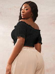 SHEIN SXY Women's Plus Size Bohemian Solid Color Ruffle Off Shoulder Short Sleeve Blouse