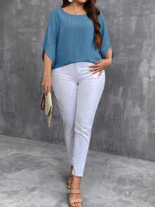 SHEIN LUNE Áo thun cổ tròn màu trơn cỡ lớn thường ngày ngày lễ, thích hợp cho mùa hè - Màu xanh bụi bặm - Xem 3