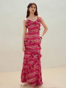 MOTF STUDIO PLAID RUFFLE TRIM CAMI DRESS - Red - View 6