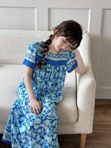 SHEIN Dozemod Tween Girl Vintage Floral Print Crew Neck Loose Casual Nightgown Home Dress, Family Vacation Casual Short Sleeve Floral Print Dress - Blue - View 6