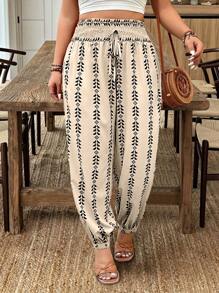 SHEIN LUNE Plus Size Women Geometric Print Elastic Waist Harem Casual Vacation Pants