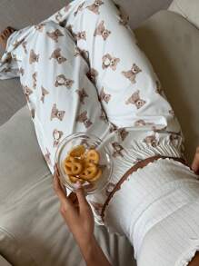 Aloruh Women's Casual Extra Long Woven Fabric Pants With Cute Teddy Bear Print, Semi-Sheer White Lounge Pants For Relaxing At Home - White - View 6