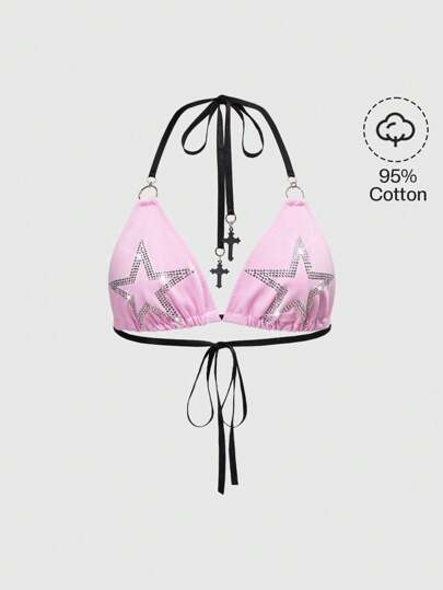 Grunge Punk Y2K Music Festival Punk Rock 2000s Studded Bikini Top, Light Pink