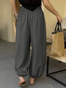DAZY Women's Loose Solid Color Lantern Leg Cropped Pants Casual Holiday Trousers, Summer