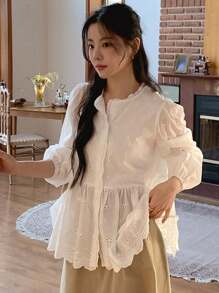 DAZY Women/Teen's Casual Solid Color Ruffle Hem Long Sleeve Blouse Fall