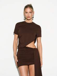 KIZN Cut Out Mini Bodycon Dress Long Drape Detail Party Evening Club Night Out Short Sleeve Asymmetric Draped Statement Outfit Summer Dresses , Women - Brown - View 4