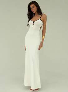 Aloruh 优雅性感黑白撞色修身露背镂空高开叉女式连衣裙