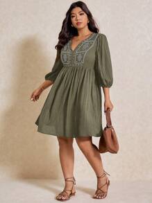 Elaquor Plus Size Long Sleeve Dress, Fashionable For Summer Spring - Army Green - View 4