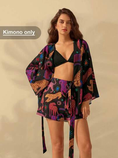 CAJUNI Kimono holgado con cintura elástica, estampado colorido de leopardo y escote en V de manga larga para mujer, ideal para vacaciones y playa en estilo bohemio casual