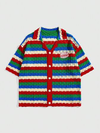 Camisa holgada de punto, top de manga corta de punto para hombre