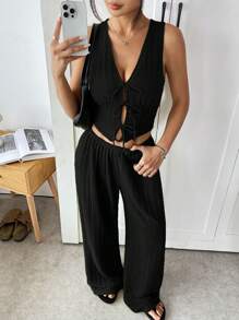 SHEIN EZwear 夏季黑色纹理针织领带吊带背心和裤子套装 - 黑色 - 查看 5