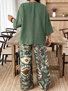 EMERY ROSE 2pcs/Set Plus Size Casual Solid Color Long Sleeve Top And Pants Set