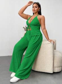 SHEIN MOOSTA Plus Size Women Summer Casual Solid Color Textured Spaghetti Strap Top & Pants 2pc Set - Green - View 5