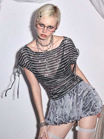 Fairycore T-shirt à manches transparentes effet rayé, strass et cordon de serrage, style gothique/féérique pour femmes