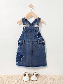 牛仔少女时尚百搭简约休闲街头风户外校园星形刺绣牛仔背带裙，配有可调节吊带，水洗牛仔连衣裙 - 深色水洗藍 - 查看 3