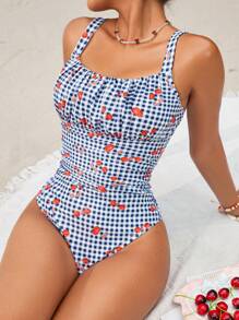 Swim Mod 1pc Women's Plaid Cherry Print Ruffle Strap One-Piece Swimsuit For Summer Beach Vacation - Multicolor - View 5