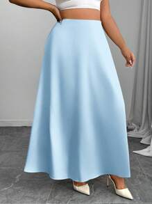 SHEIN Clasi Chân váy chữ A Maxi thanh lịch màu trơn cỡ lớn, phù hợp cho mùa xuân và mùa hè - Màu xanh nhạt - Xem 3