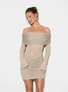 KIZN Vestido curto de malha com ombros de fora e babados, manga comprida, justo, festa noturna, outono, inverno, férias - Caqui - Ver 6