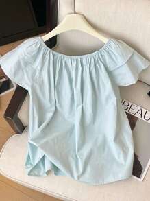 SHEIN 女式蓝色宽圆领短袖休闲度假衬衫 - 淺藍色 - 查看 2