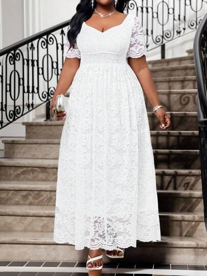 SHEIN Lady  Plus Size Elegant Party Solid Color Textured Flare Sleeve Fishtail Dress New Years Vacation Outfits Elegant Party White Valentine Day Formal Dresses For Women Lace Dress Pink Dress For Women Summer Dresses For Women
