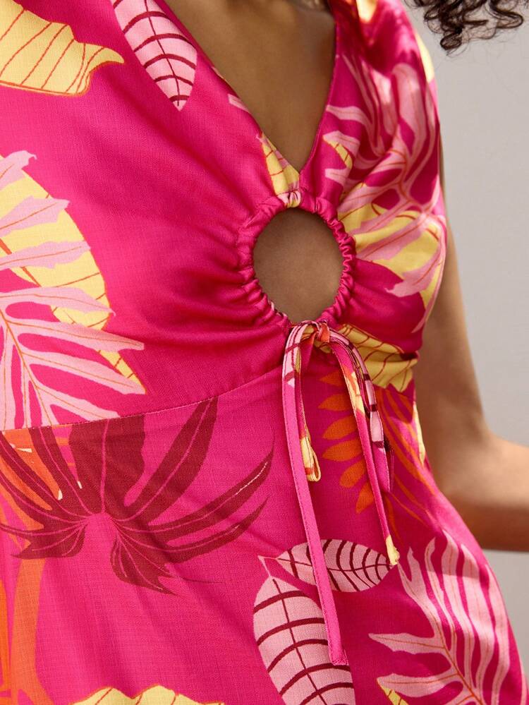 SHEIN Maija Women's Multi-Color Floral Print Summer Dress, Versatile Casual Loose V-Neck Sleeveless Backless Tie-Waist Holiday Resort Style With Side Pockets, Boho Ibiza Beach Summer Outfit