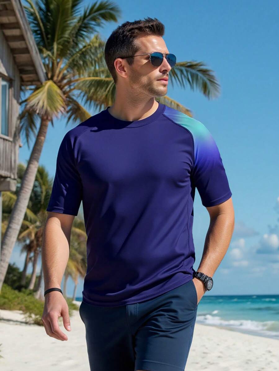 Manfinity Swimmode Men's Gradient Inset Sleeve Rashguard Top, Suitable For Summer Vacation - Blue - View 1