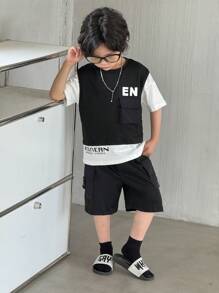 SHEIN 2pcs Young Boy Summer Street Style Letter Print Colorblock Short Sleeve Top And Casual Shorts Set - Black - View 1